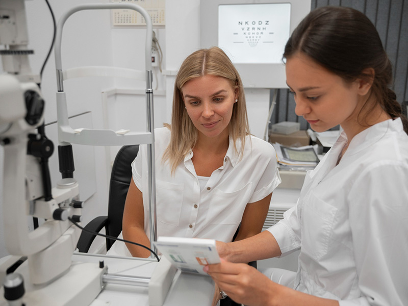 Patient receiving supportive care during an eye exam
